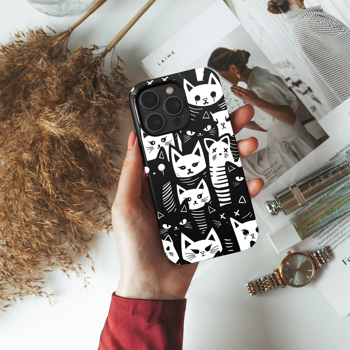 Black White Cat Doodle Phone Case iPhone Samsung Cover Pixel 2555 - Image 3