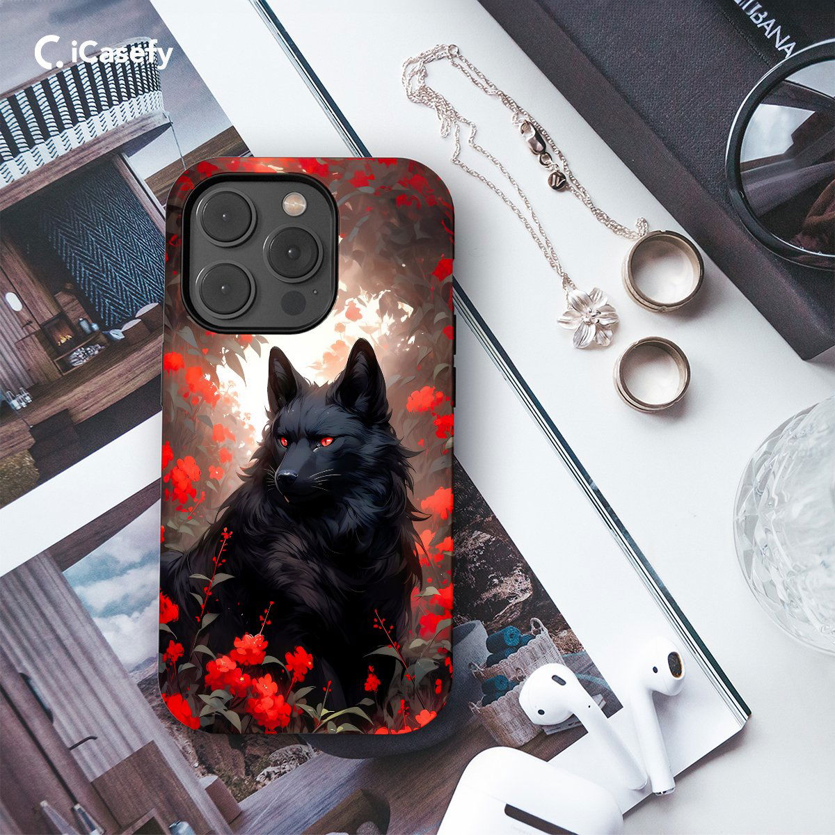 Black Wolf Floral Phone Case iPhone Samsung Pixel & More - Image 3