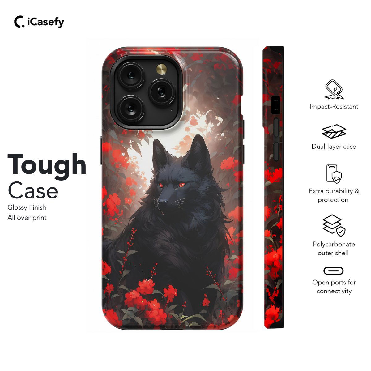 Black Wolf Floral Phone Case iPhone Samsung Pixel & More - Image 5