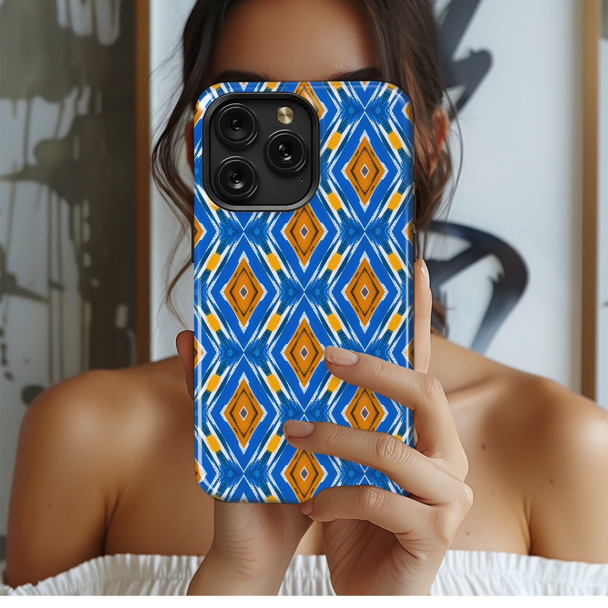 Blue and Golden Diamond Geometric Phone Case iPhone Samsung Cover Pixel 3218 - Image 2