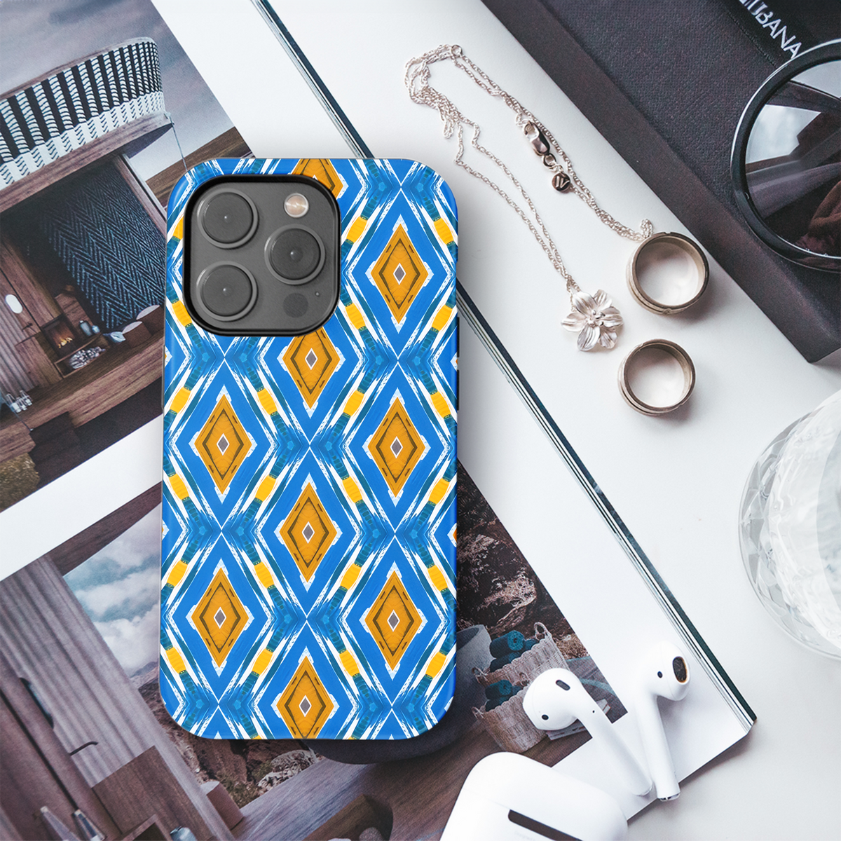 Blue and Golden Diamond Geometric Phone Case iPhone Samsung Cover Pixel 3218 - Image 3