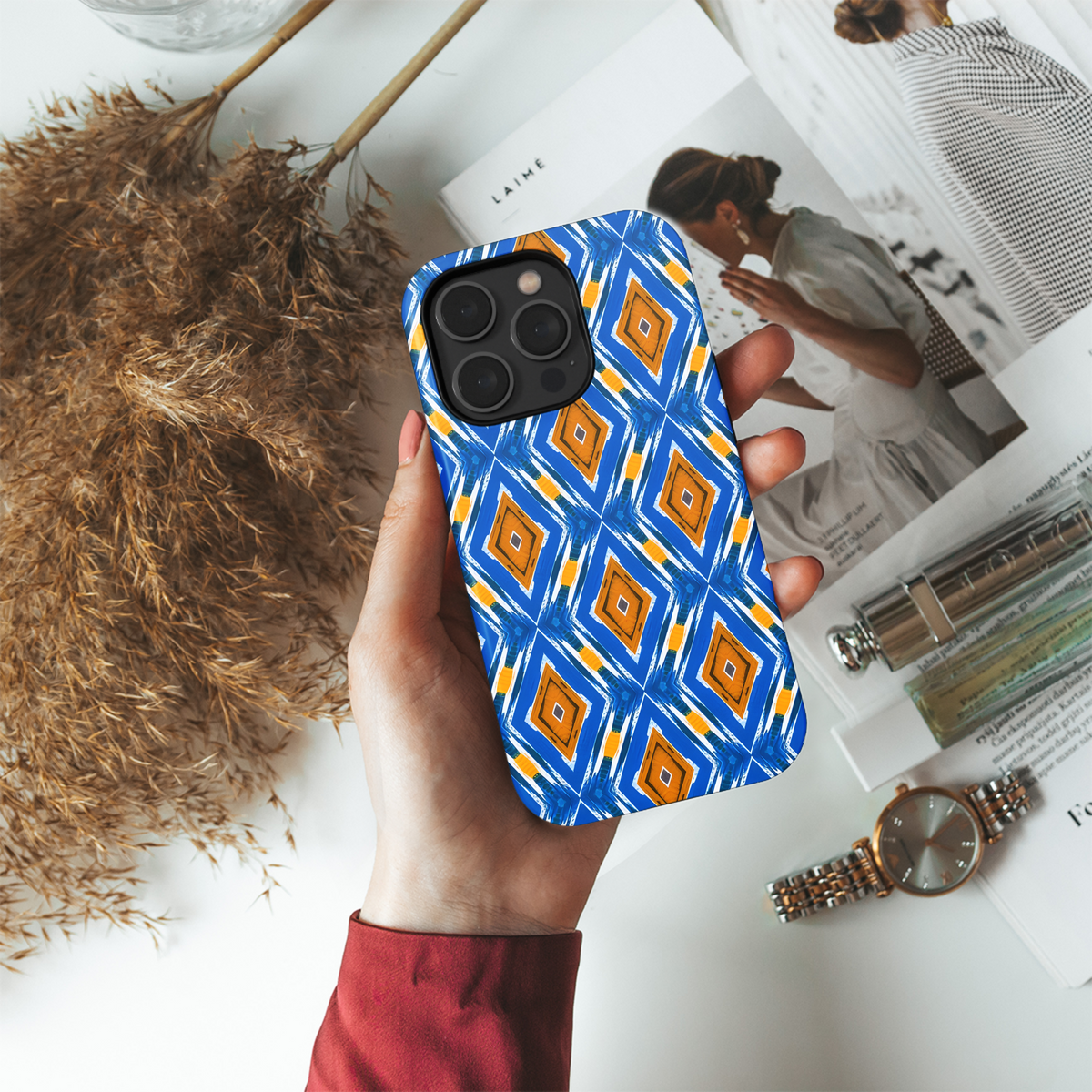 Blue and Golden Diamond Geometric Phone Case iPhone Samsung Cover Pixel 3218 - Image 4