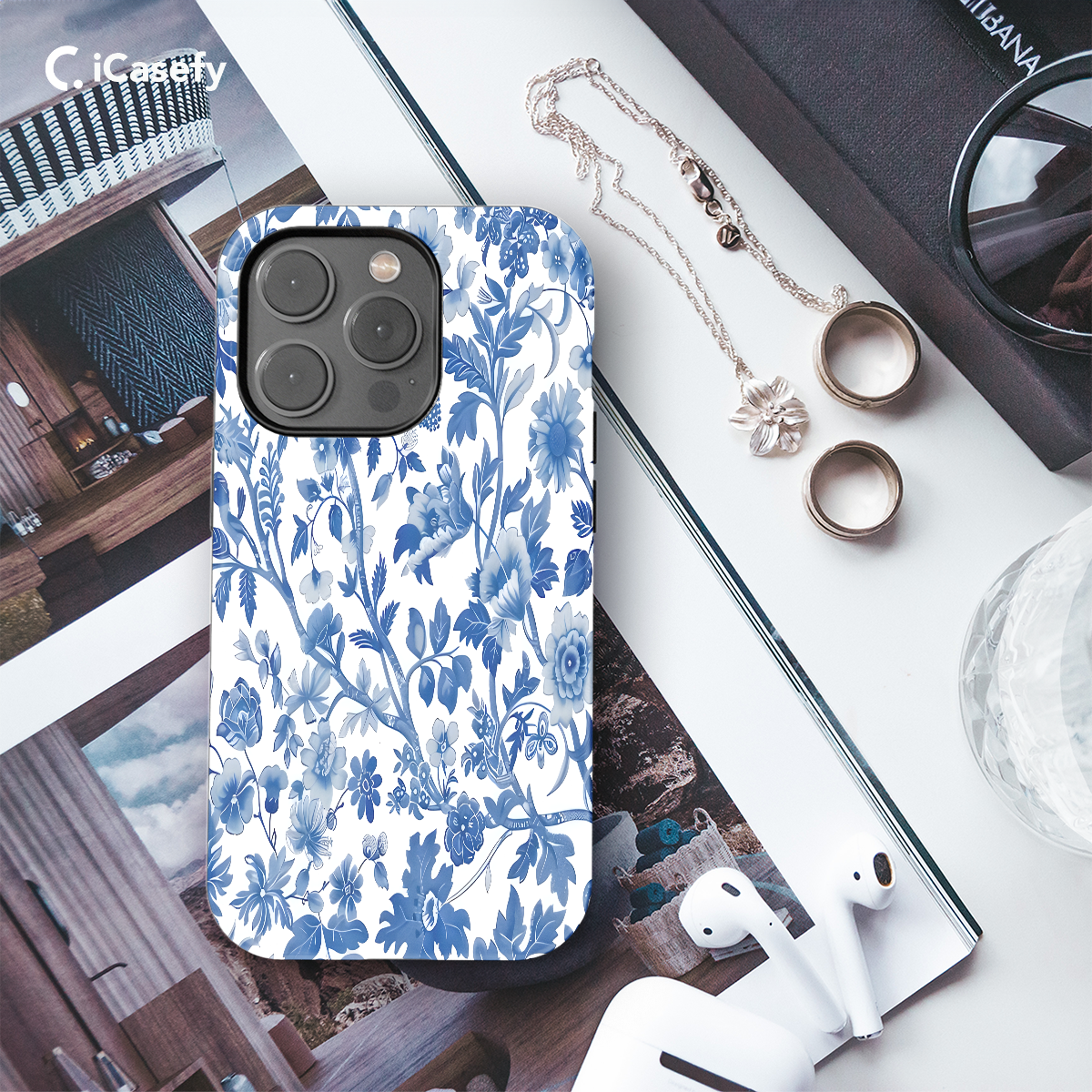 Blue Flower French Toile De Jouy Phone Case iPhone Samsung Cover Pixel 1190 - Image 3