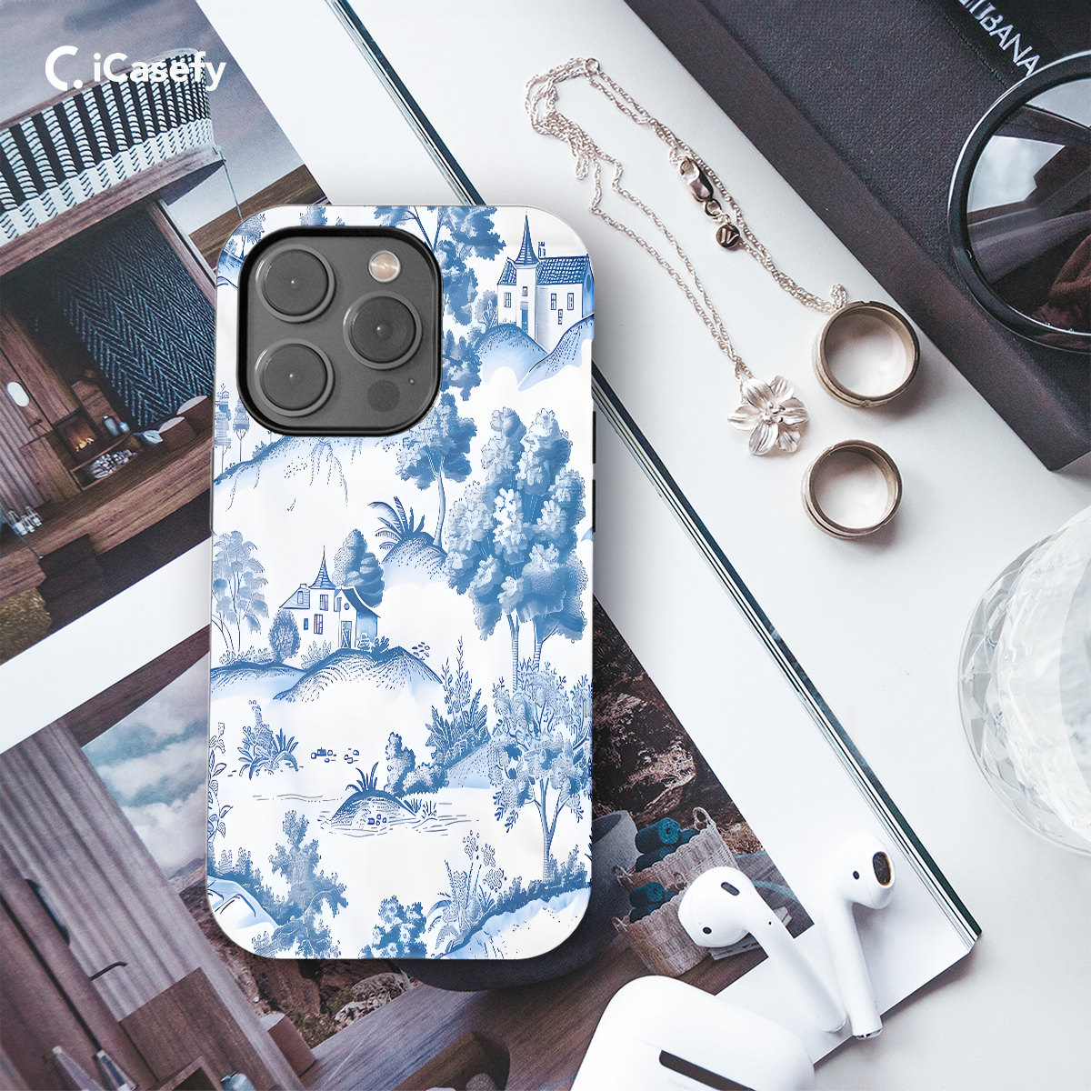 Blue House in Trees French Toile De Jouy Phone Case iPhone Samsung Cover Pixel 1196 - Image 3