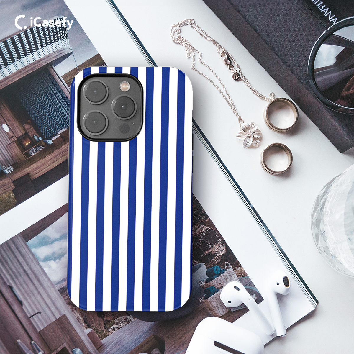 Blue White Navy Striped Phone Case iPhone Samsung Cover Pixel 1615 - Image 3