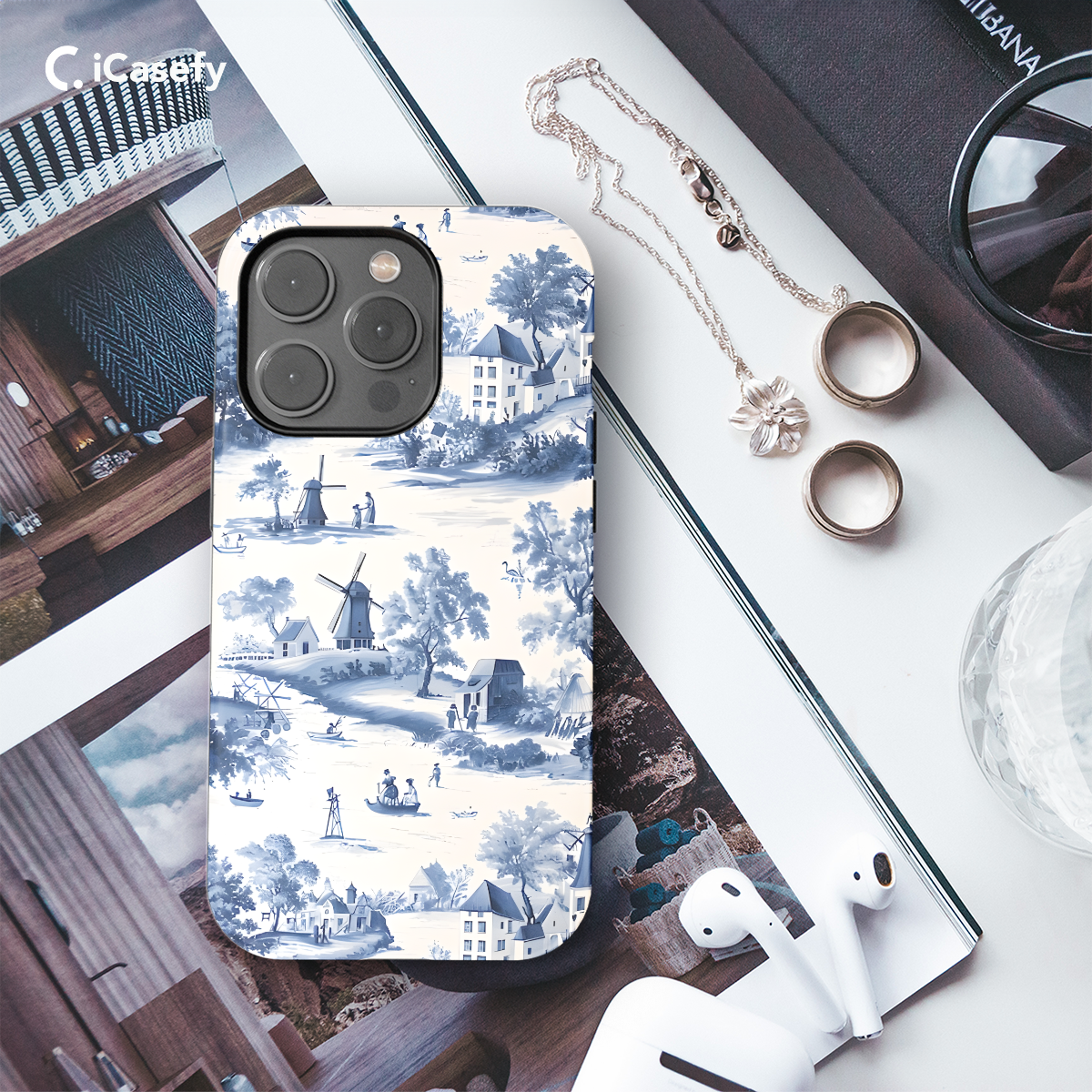 Blue Windmill House Trees Toile De Jouy Phone Case iPhone Samsung Cover Pixel 1198 - Image 3