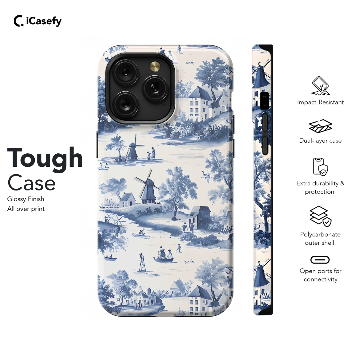 Blue Windmill House Trees Toile De Jouy Phone Case iPhone Samsung Cover Pixel 1198 - Image 5