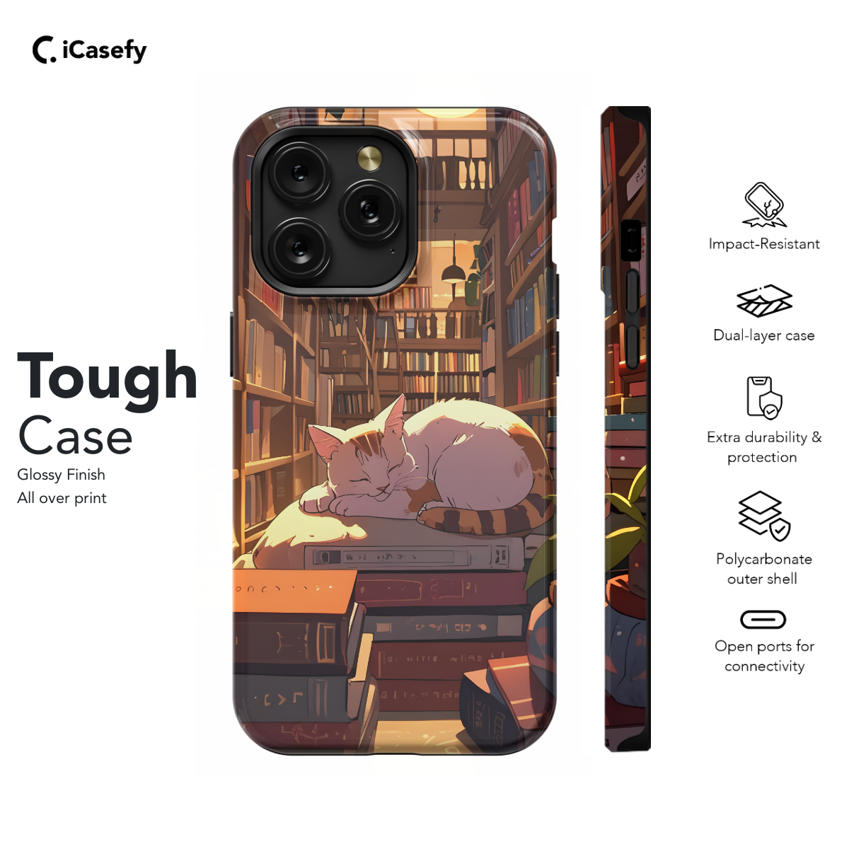 Book Lover White Red Cat in Library Phone Case iPhone Samsung Cover Pixel 1019 - Image 5