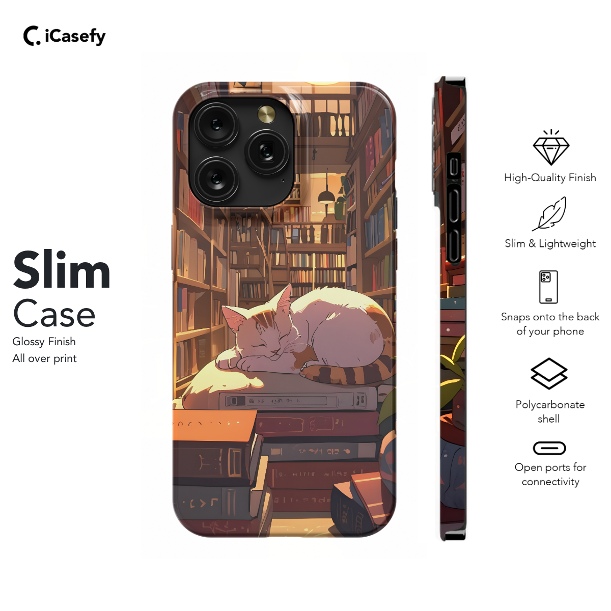 Book Lover White Red Cat in Library Phone Case iPhone Samsung Cover Pixel 1019 - Image 6