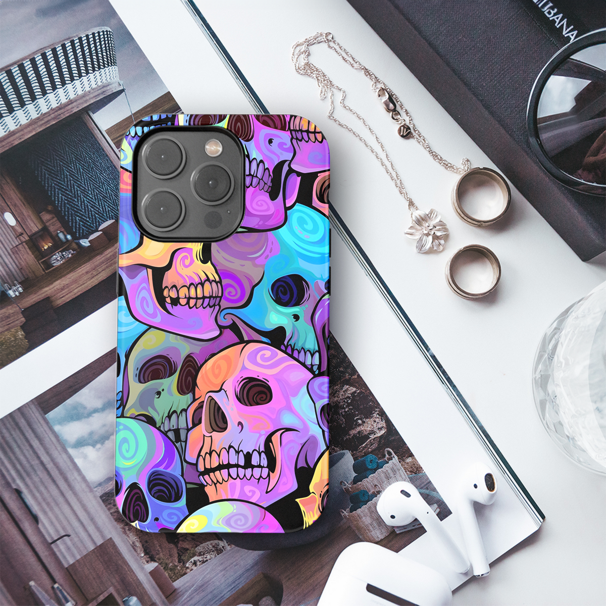 Bright Rainbow Painted Skull Seamless Pattern Phone Case iPhone Samsung Cover Pixel 2173 - Image 3