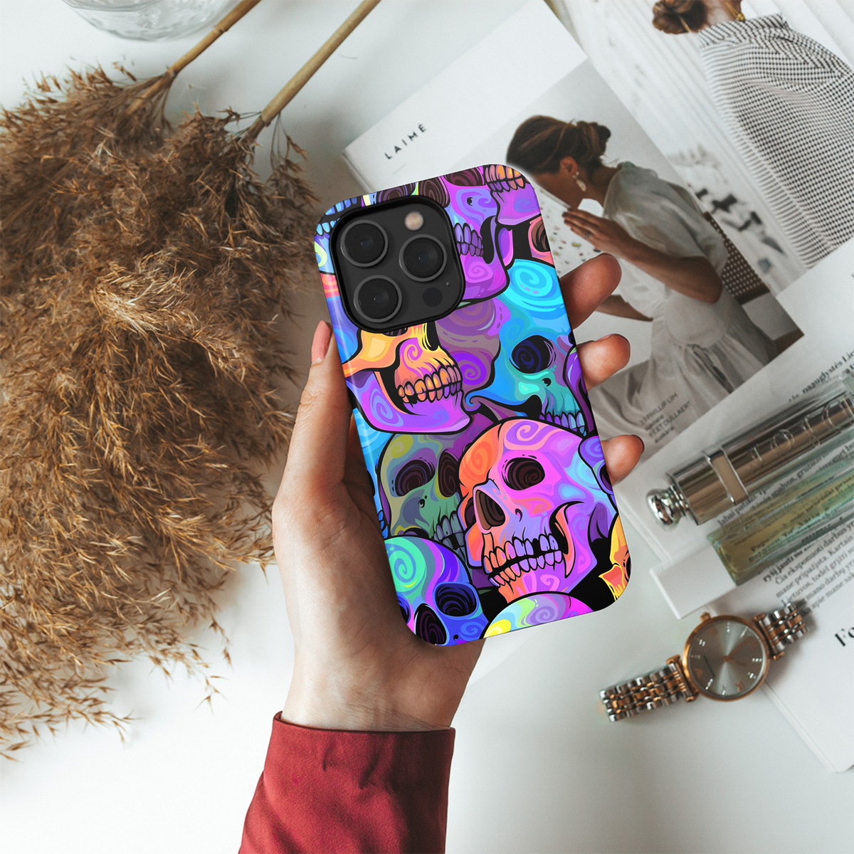 Bright Rainbow Painted Skull Seamless Pattern Phone Case iPhone Samsung Cover Pixel 2173 - Image 4