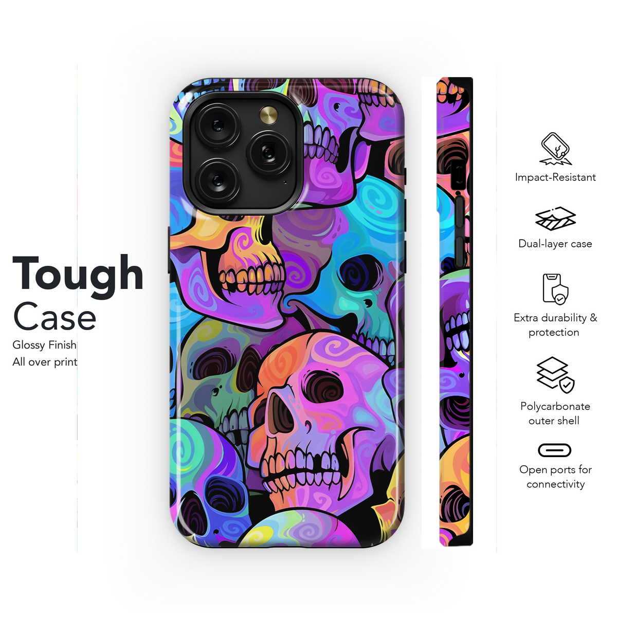 Bright Rainbow Painted Skull Seamless Pattern Phone Case iPhone Samsung Cover Pixel 2173 - Image 6