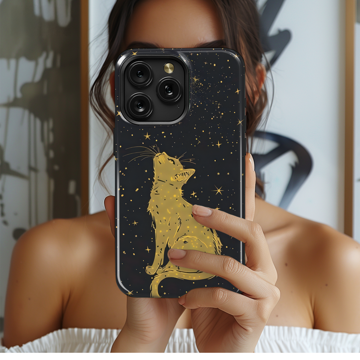 Celestial Golden Cat Night Stars Phone Case iPhone Samsung Cover Pixel 3636 - Image 2