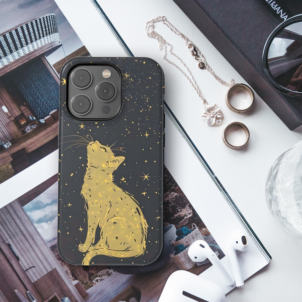 Celestial Golden Cat Night Stars Phone Case iPhone Samsung Cover Pixel 3636 - Image 3