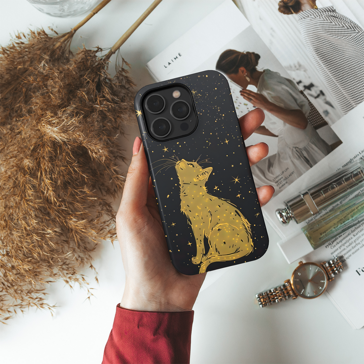 Celestial Golden Cat Night Stars Phone Case iPhone Samsung Cover Pixel 3636 - Image 4