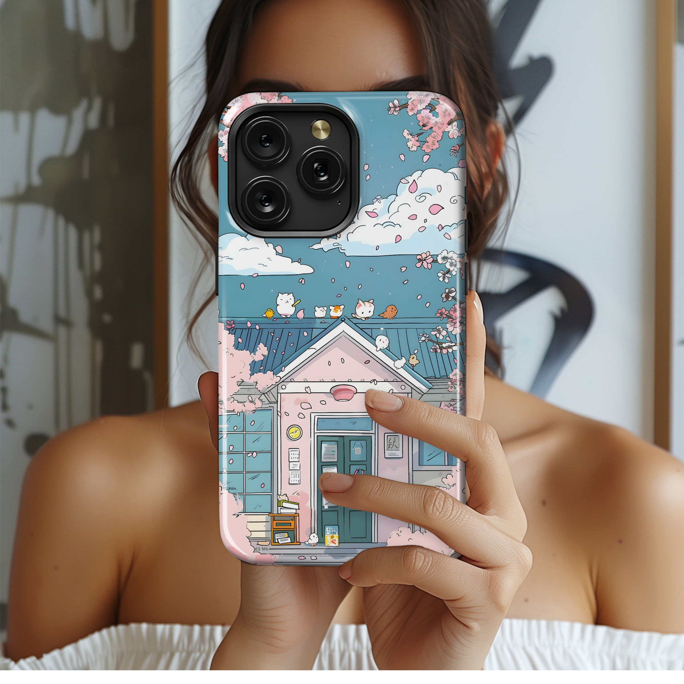 Cherry Blossom House Cats Phone Case iPhone Samsung Cover Pixel 4472 - Image 2