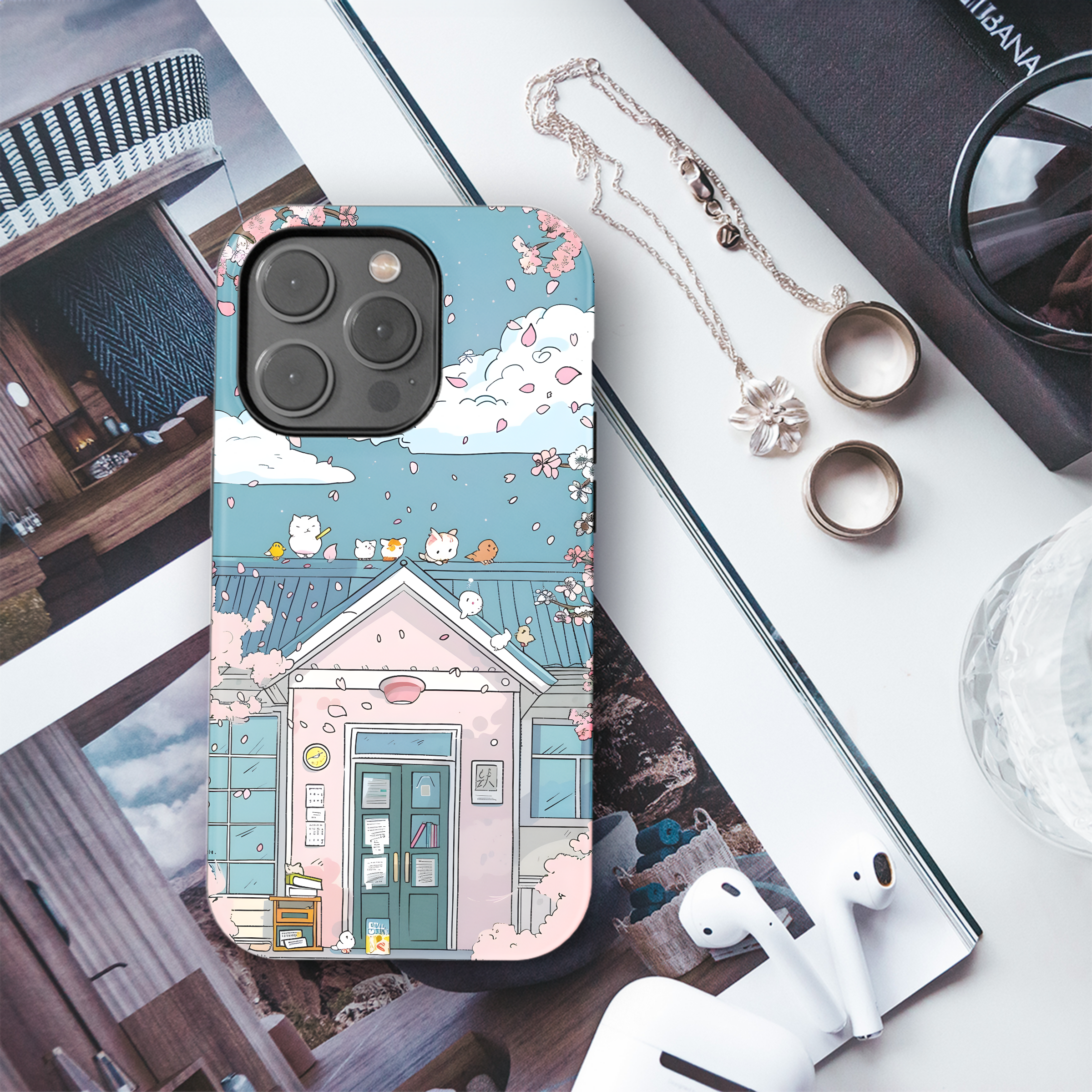 Cherry Blossom House Cats Phone Case iPhone Samsung Cover Pixel 4472 - Image 3