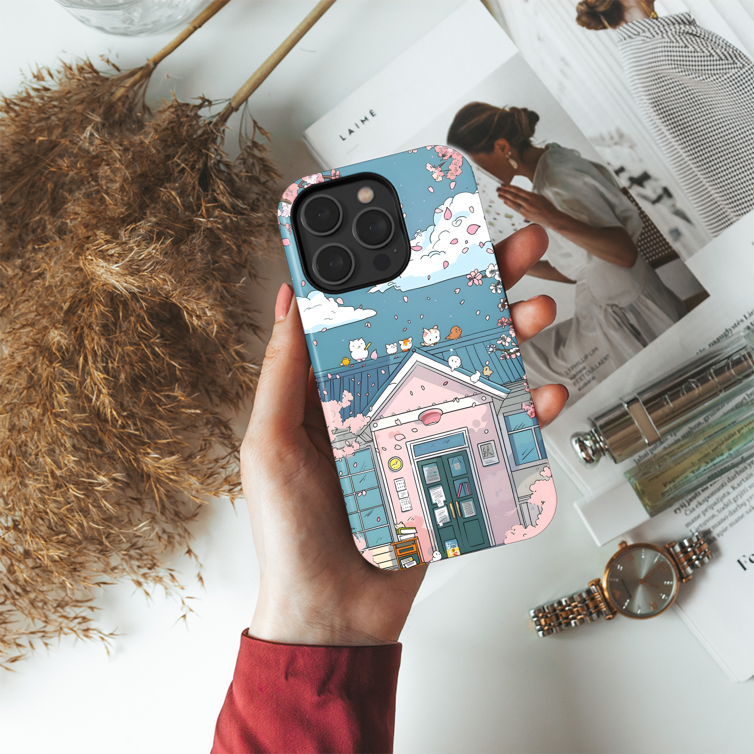 Cherry Blossom House Cats Phone Case iPhone Samsung Cover Pixel 4472 - Image 4