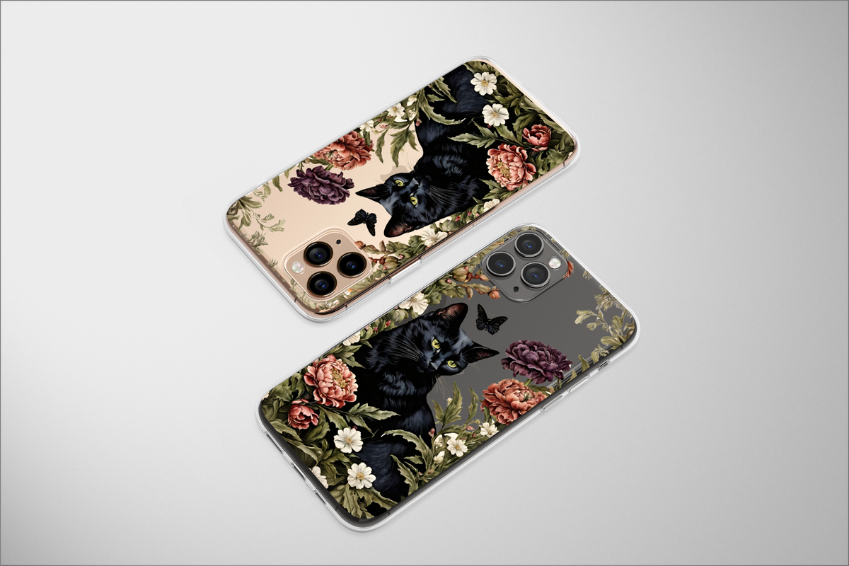 Clear Flower Black Cat Phone Case Cute Animal Cover for iPhone 15 Pro Max 14 Plus 13 12 Mini 11 XR SE Samsung S24 S23 S22 Google Pixel 8 7 - Image 1