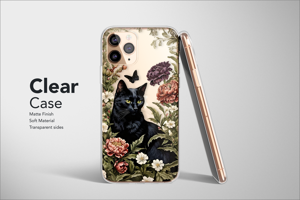 Clear Flower Black Cat Phone Case Cute Animal Cover for iPhone 15 Pro Max 14 Plus 13 12 Mini 11 XR SE Samsung S24 S23 S22 Google Pixel 8 7 - Image 2