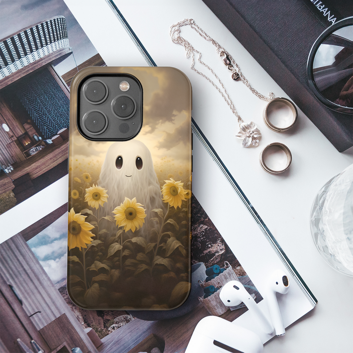 Cute Ghost in Sunflower Field Phone Case iPhone Samsung Cover Pixel 2043 - Image 3