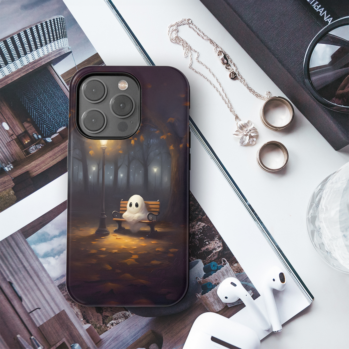 Cute Ghost on Park Bench Phone Case iPhone Samsung Cover Pixel 2040 - Image 3