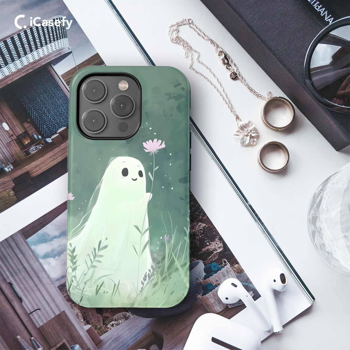 Cute Little Spooky Ghost with Flower Phone Case iPhone Samsung Cover Pixel 1968 - Image 3