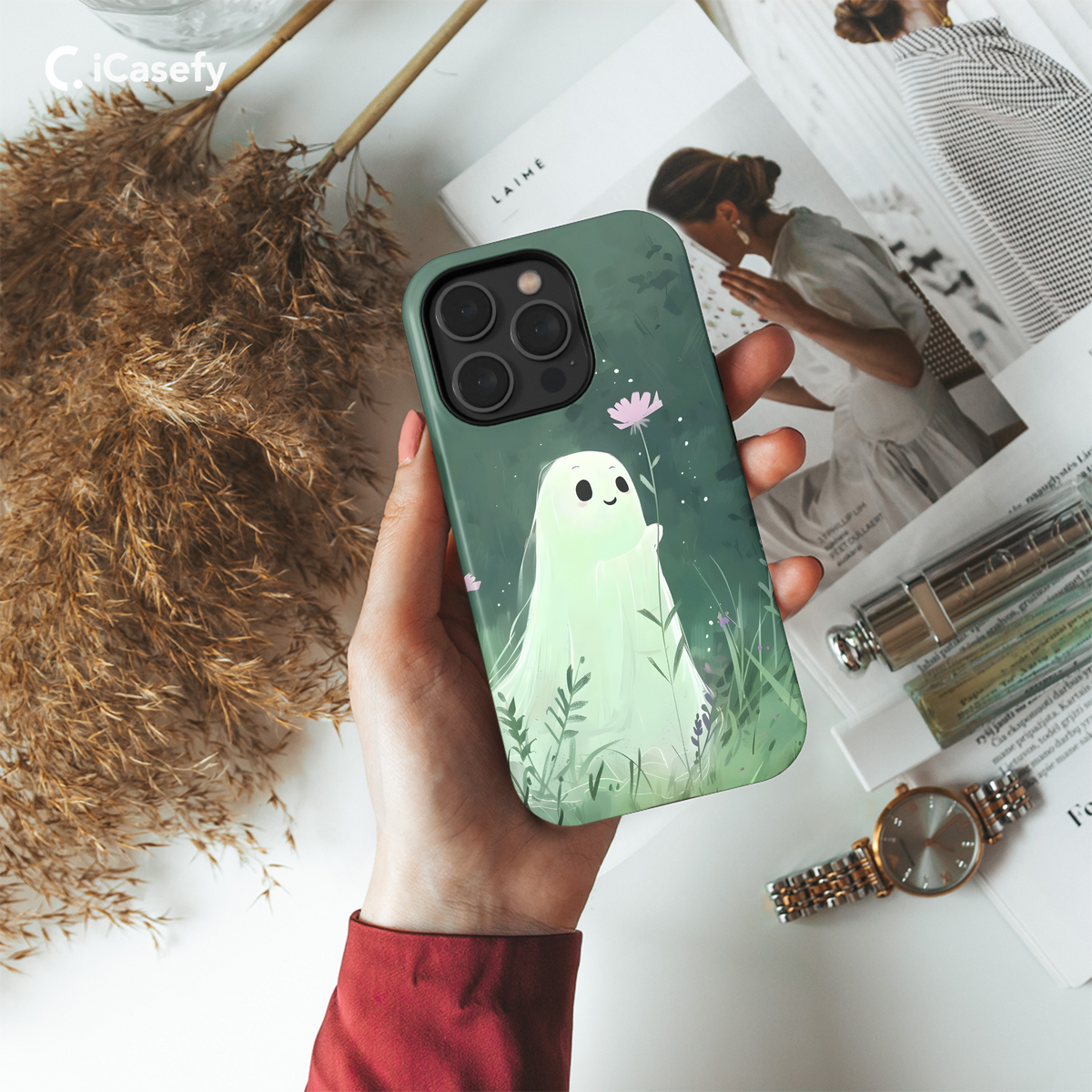 Cute Little Spooky Ghost with Flower Phone Case iPhone Samsung Cover Pixel 1968 - Image 4