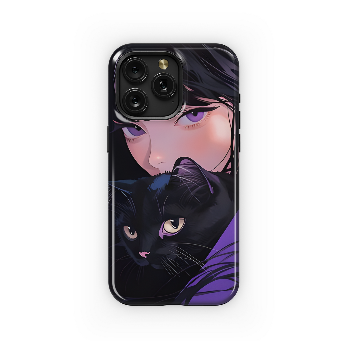 Cute Purpleish Portrait Girl with Black Cat Phone Case iPhone Samsung Cover Pixel 1783 - Image 1