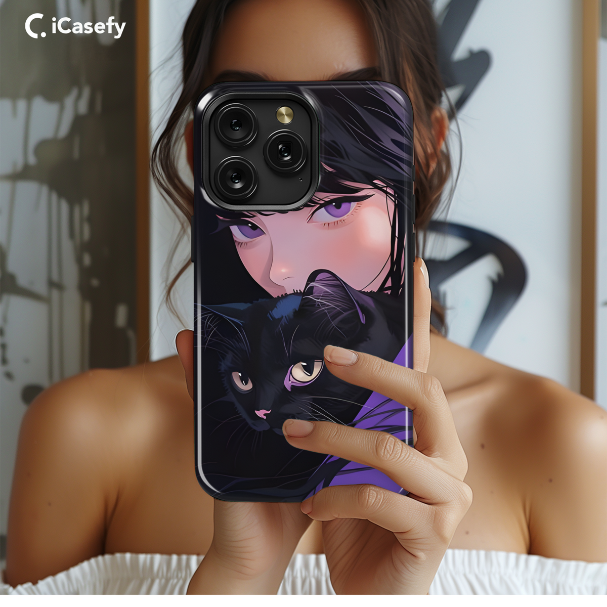 Cute Purpleish Portrait Girl with Black Cat Phone Case iPhone Samsung Cover Pixel 1783 - Image 2