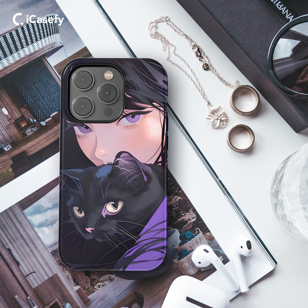 Cute Purpleish Portrait Girl with Black Cat Phone Case iPhone Samsung Cover Pixel 1783 - Image 3