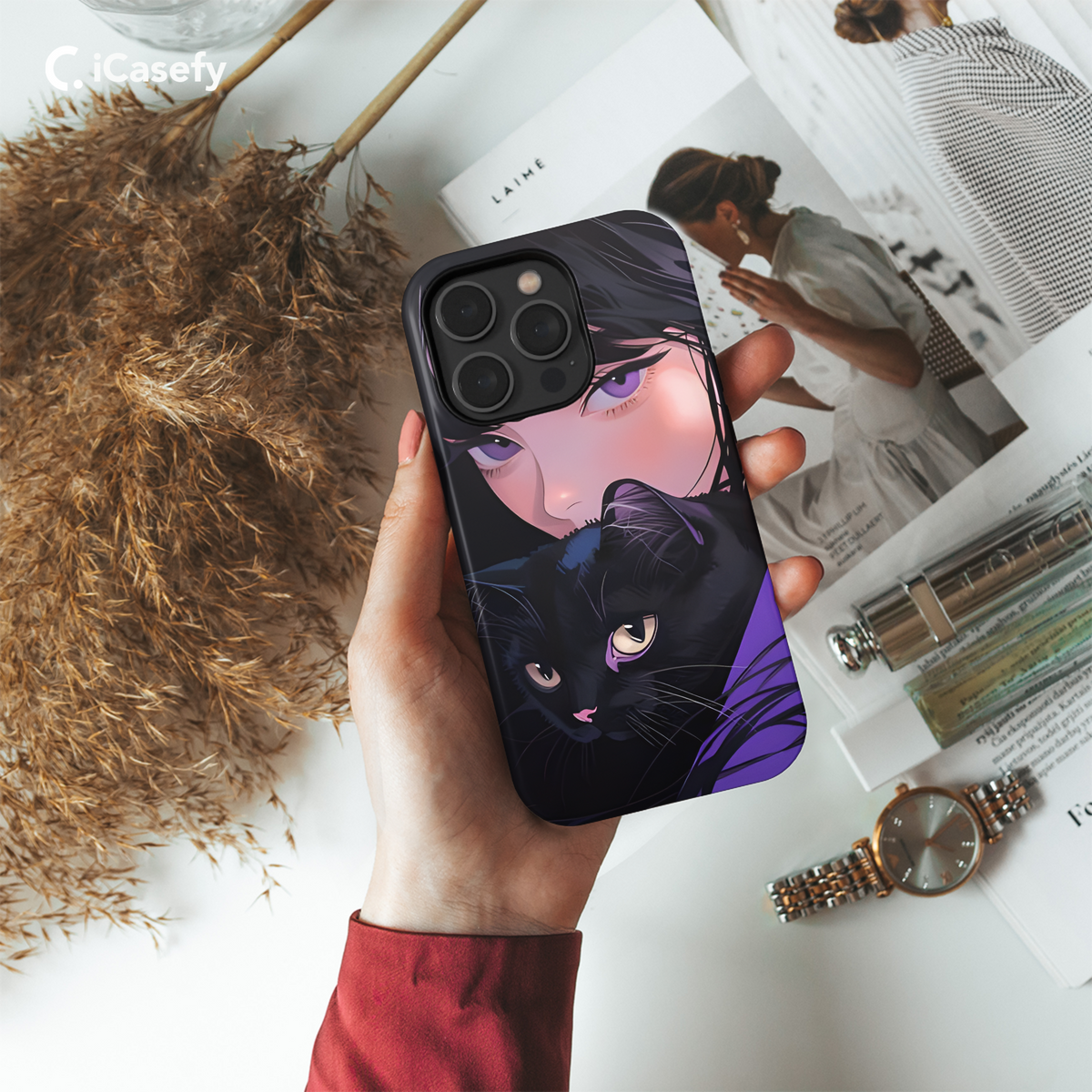 Cute Purpleish Portrait Girl with Black Cat Phone Case iPhone Samsung Cover Pixel 1783 - Image 4