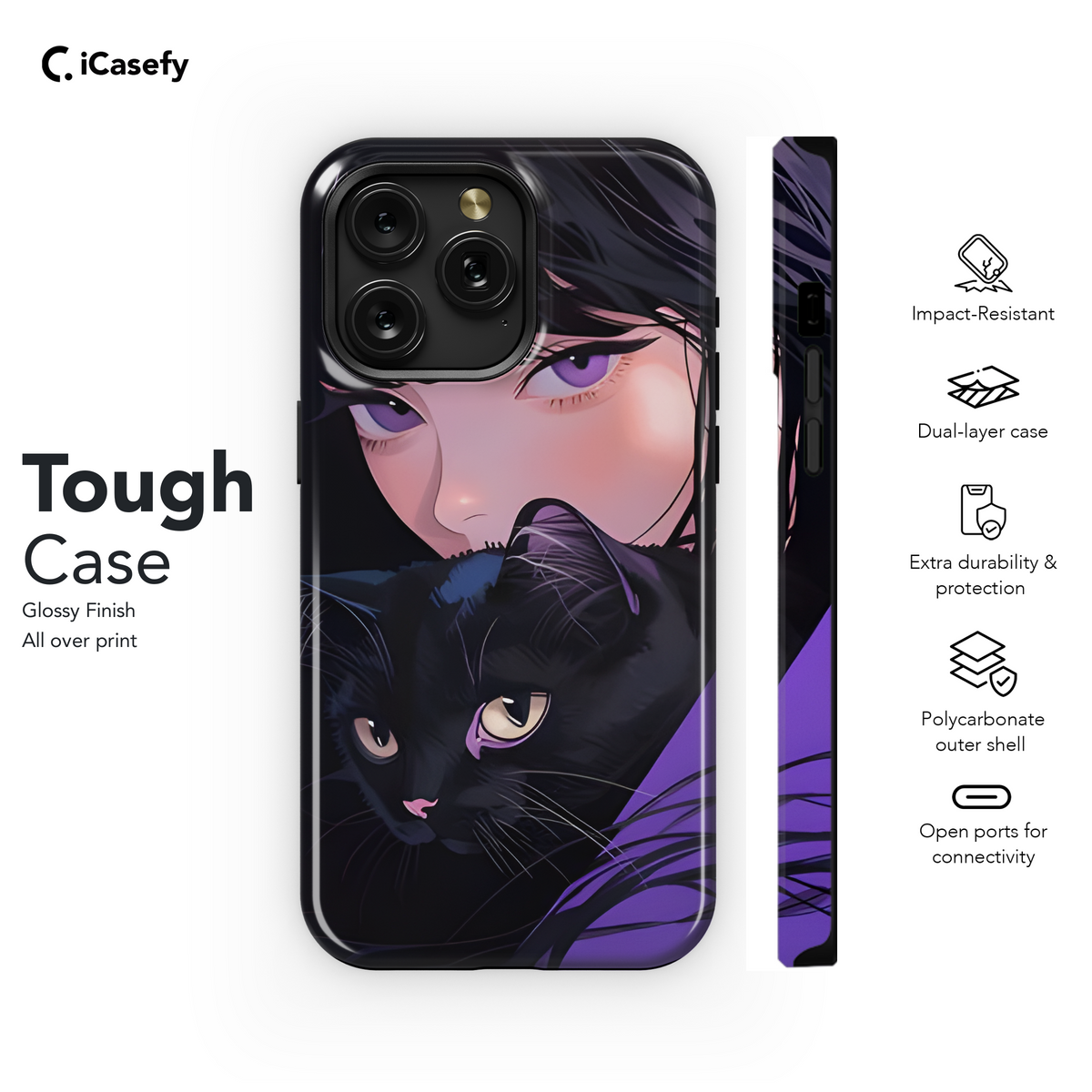 Cute Purpleish Portrait Girl with Black Cat Phone Case iPhone Samsung Cover Pixel 1783 - Image 6