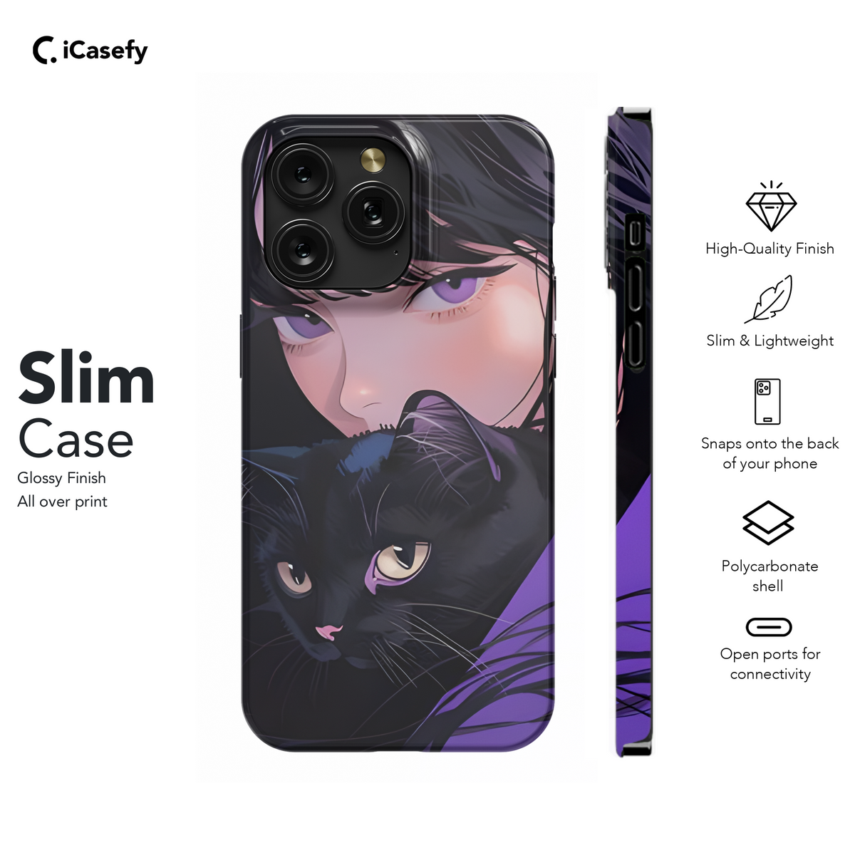 Cute Purpleish Portrait Girl with Black Cat Phone Case iPhone Samsung Cover Pixel 1783 - Image 7