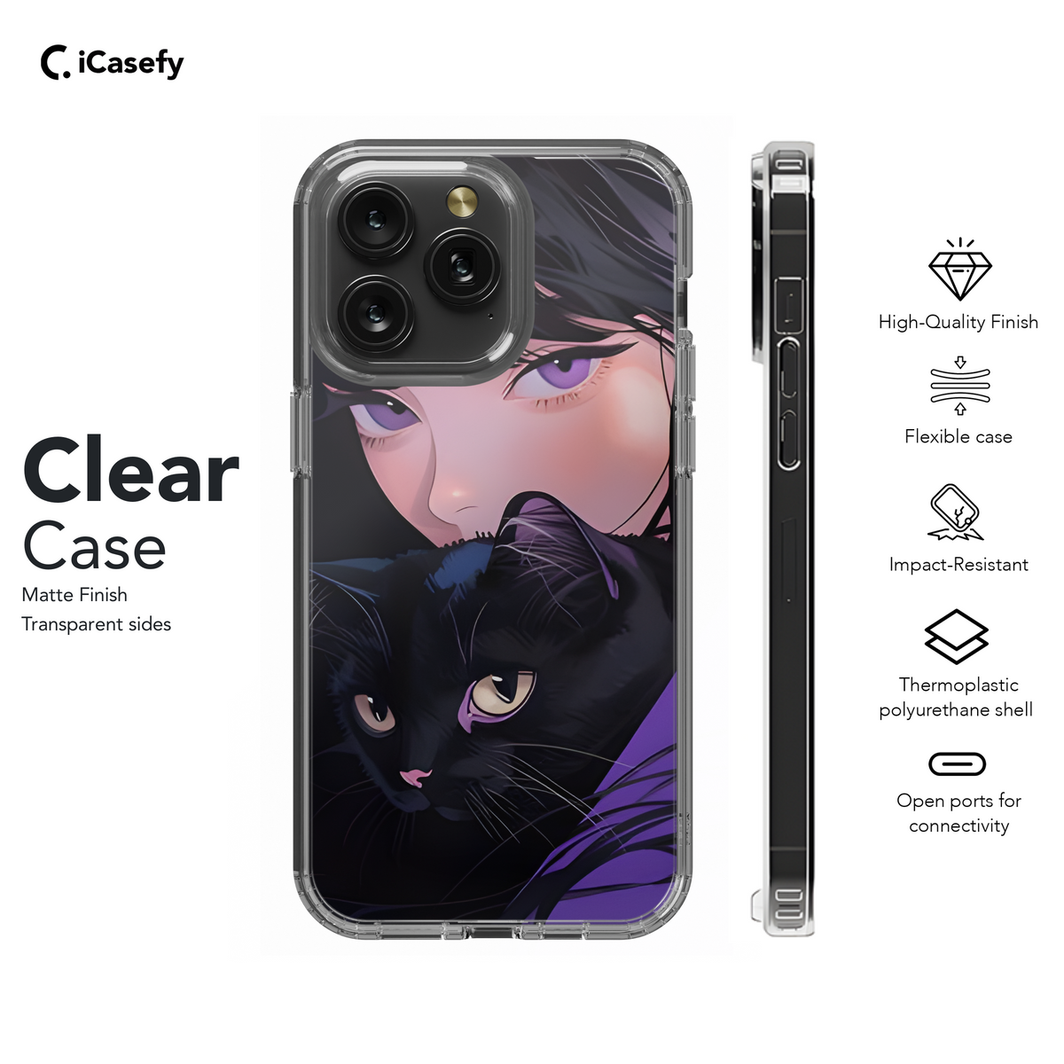 Cute Purpleish Portrait Girl with Black Cat Phone Case iPhone Samsung Cover Pixel 1783 - Image 8