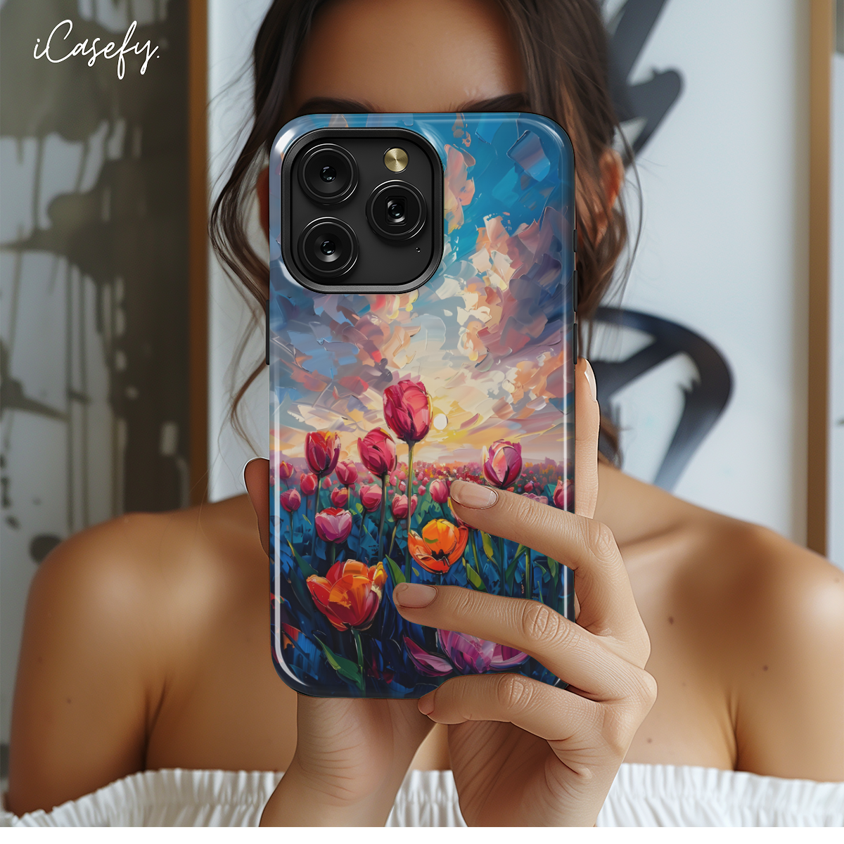 Cute Tulip Landscape Flower Sky Drawing Phone Case iPhone Samsung Cover Pixel 1709 - Image 2