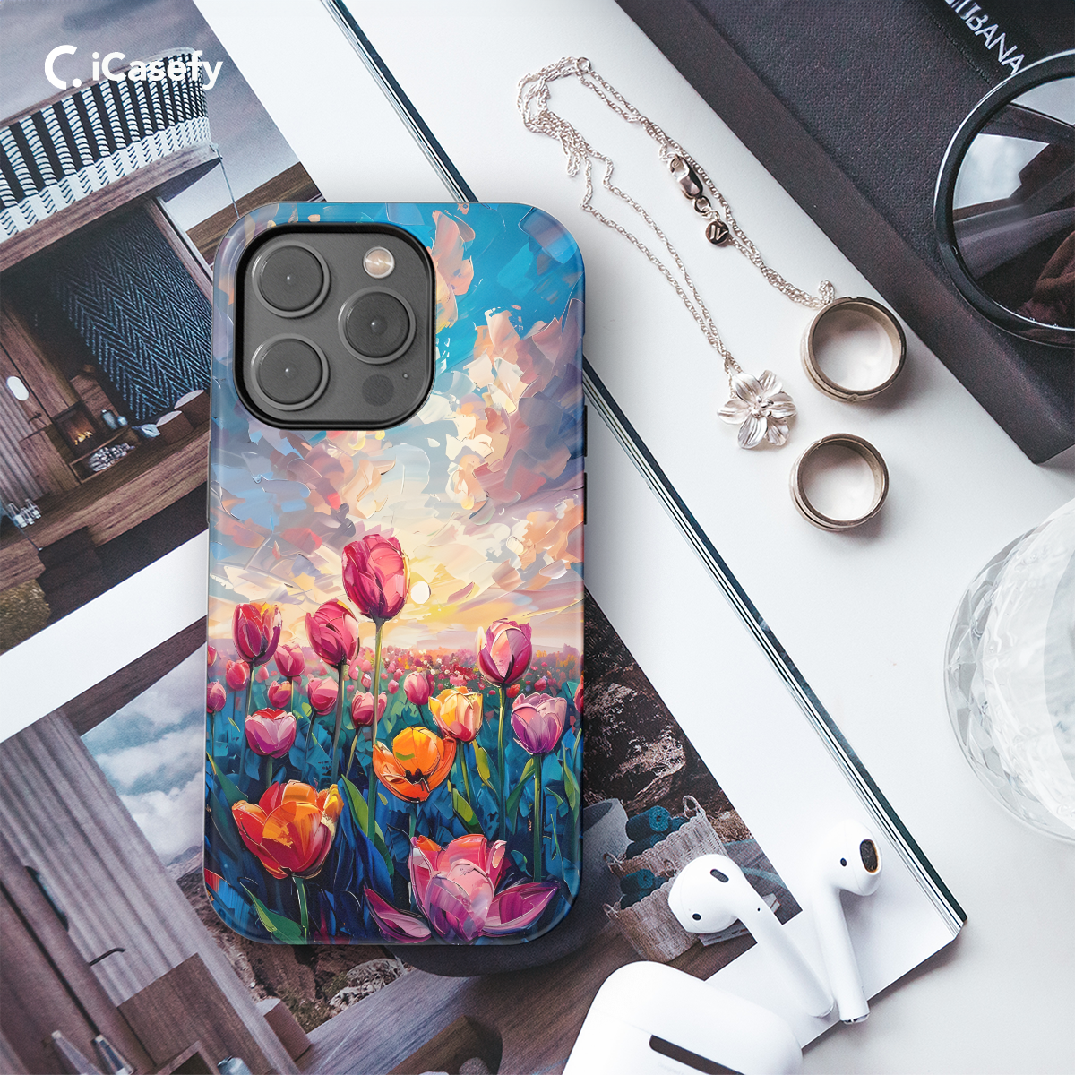 Cute Tulip Landscape Flower Sky Drawing Phone Case iPhone Samsung Cover Pixel 1709 - Image 3