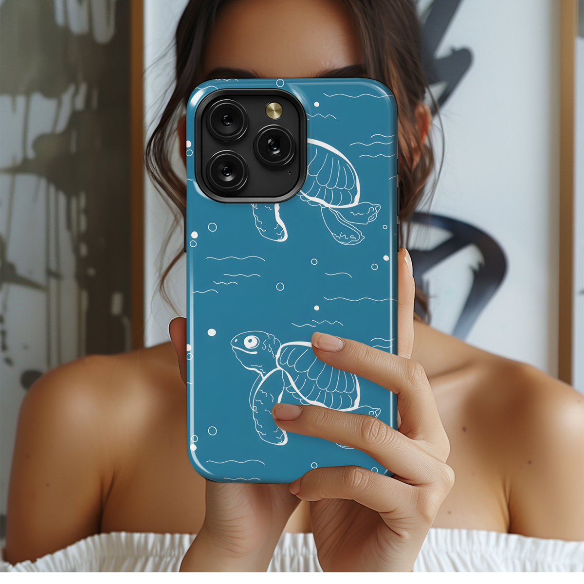 Cute turtles, wavy lines abstract marine Phone Case iPhone Samsung Cover Pixel 3262 - Image 2