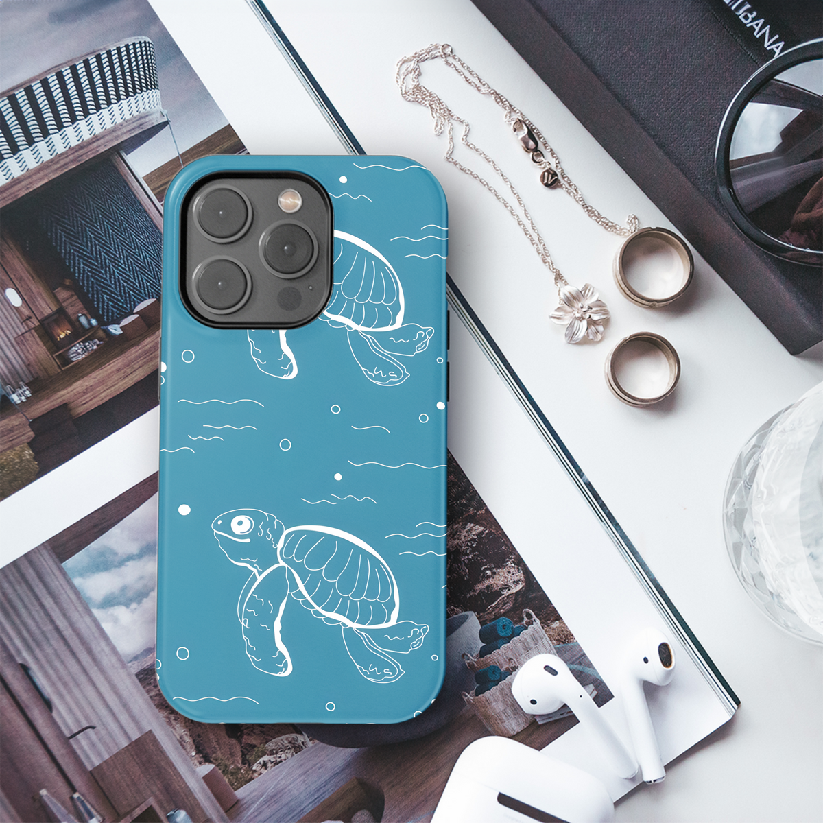 Cute turtles, wavy lines abstract marine Phone Case iPhone Samsung Cover Pixel 3262 - Image 3