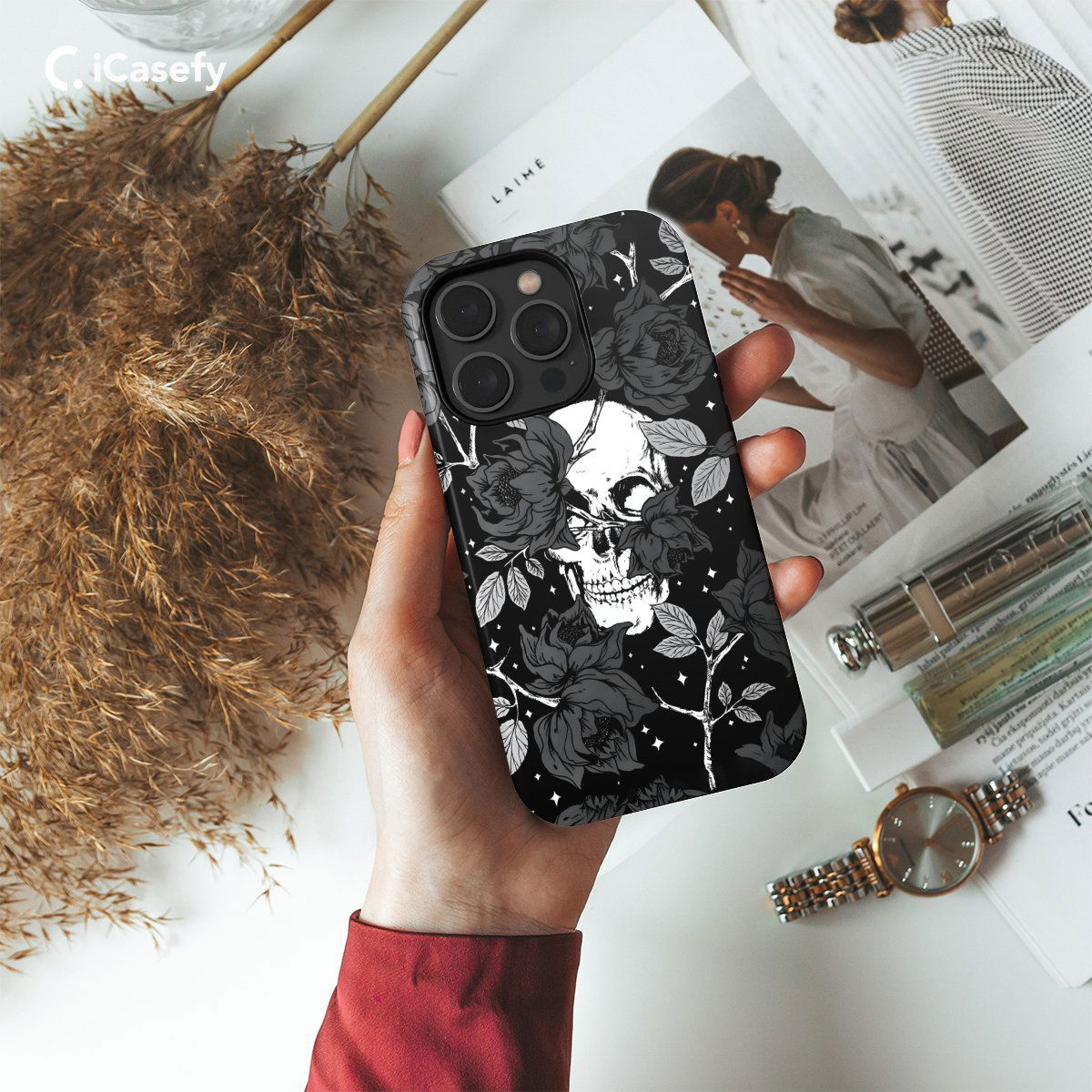 Dark Witchy Skeleton Skull Flower Phone Case iPhone Samsung Pixel & More - Image 2