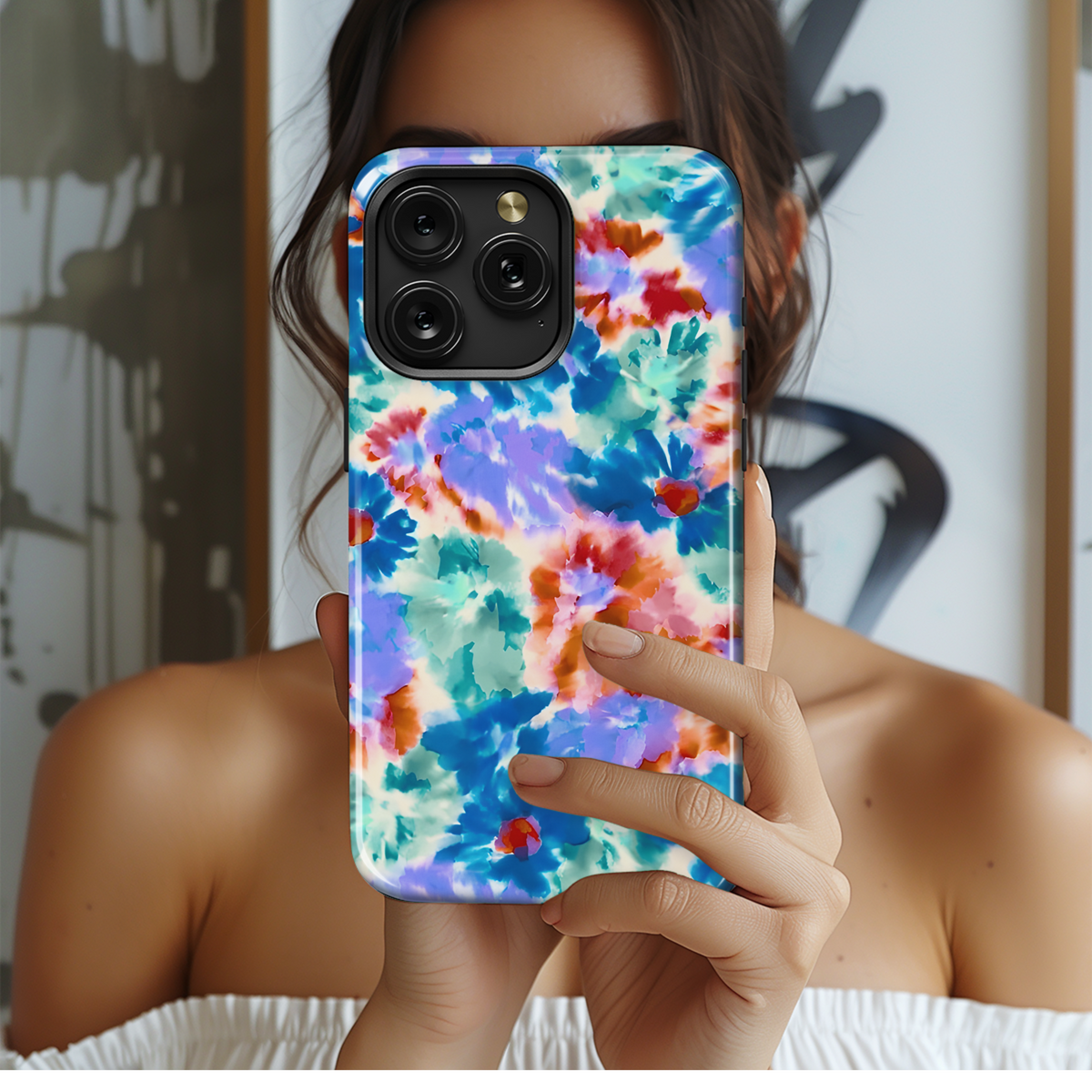 Digital Watercolor Hand Painted Tie Dye Batik Flowers Phone Case iPhone Samsung Cover Pixel 3820 - Image 2