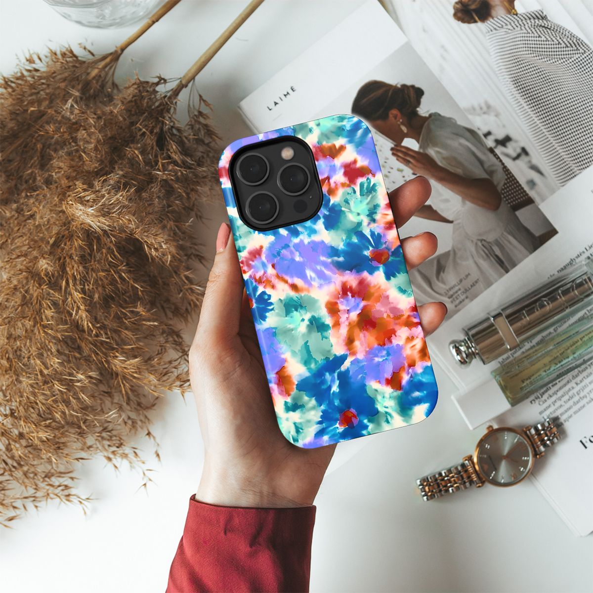 Digital Watercolor Hand Painted Tie Dye Batik Flowers Phone Case iPhone Samsung Cover Pixel 3820 - Image 4