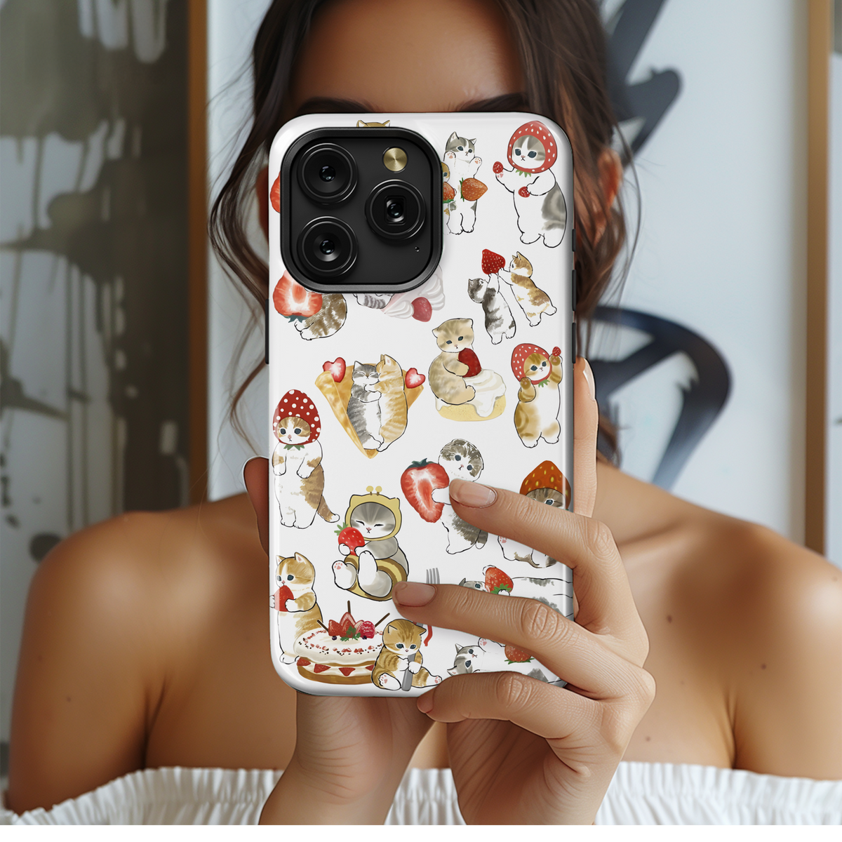 Drawed Funny Cute Strawberry Cat Phone Case iPhone Samsung Cover Pixel 2028 - Image 2