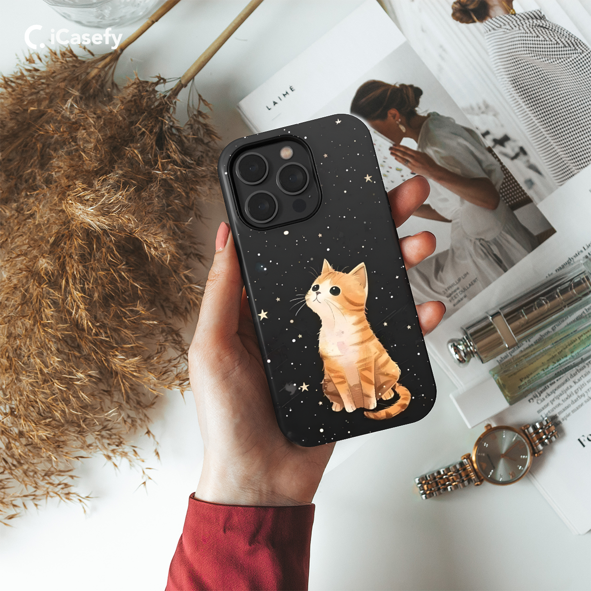 Dreamy Celestial Stars Red Cat Kitty Phone Case iPhone Samsung Pixel & More 328 - Image 2