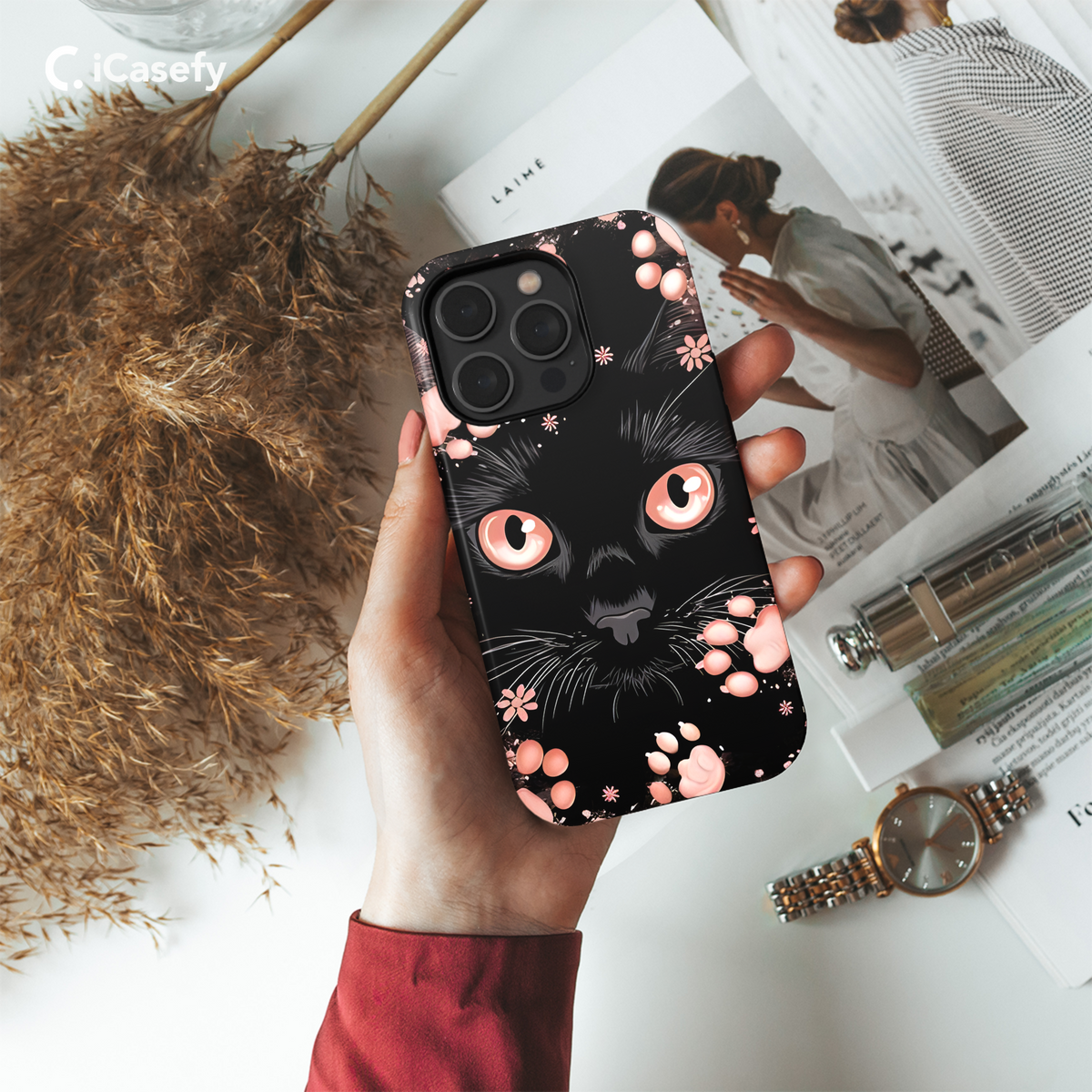 Fantasy Black Cat Pink Paw Phone Case iPhone Samsung Cover Pixel 1739 - Image 4