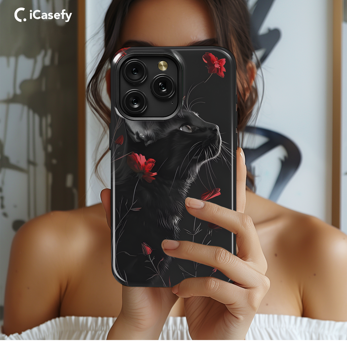 Fantasy Red Floral Black Cat Phone Case iPhone Samsung Cover Pixel 1741 - Image 2