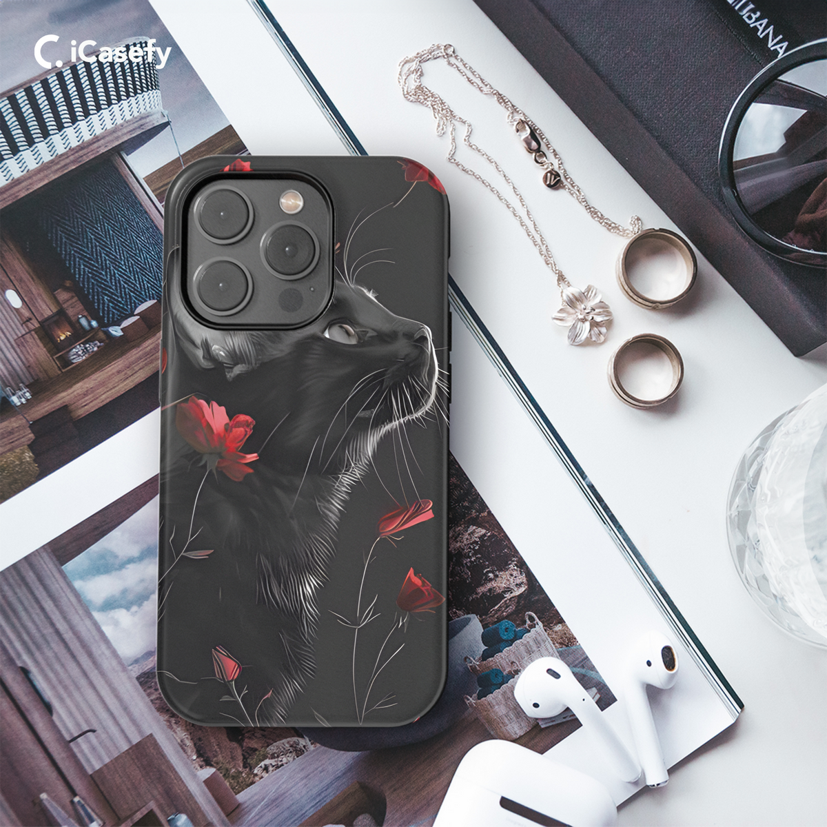 Fantasy Red Floral Black Cat Phone Case iPhone Samsung Cover Pixel 1741 - Image 3