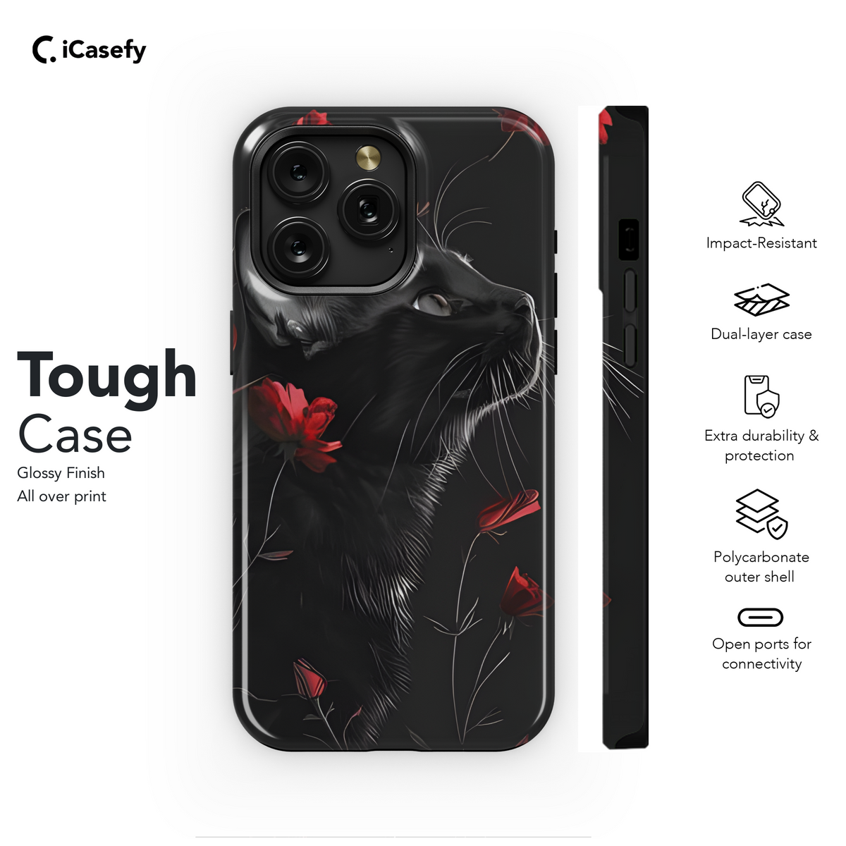 Fantasy Red Floral Black Cat Phone Case iPhone Samsung Cover Pixel 1741 - Image 6