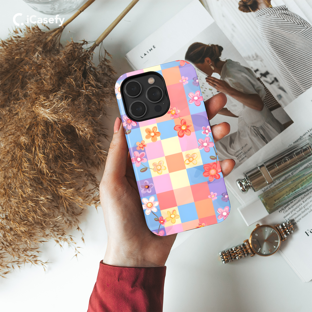 Floral Pastel Checkered Phone Case iPhone Samsung Cover Pixel 674 - Image 2