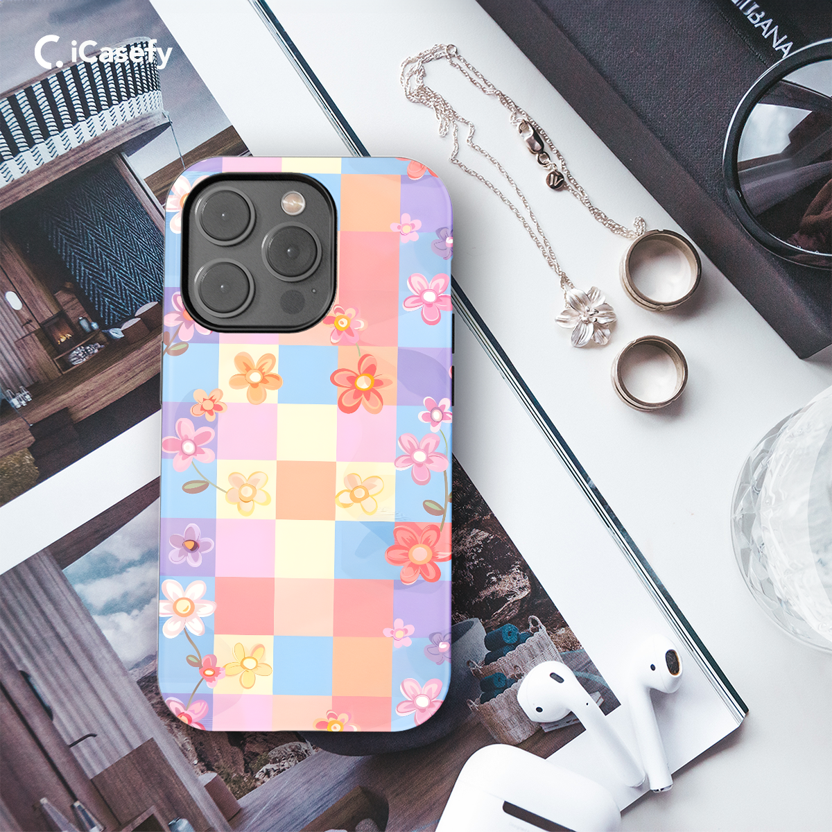 Floral Pastel Checkered Phone Case iPhone Samsung Cover Pixel 674 - Image 3